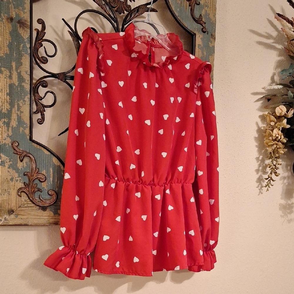 Red Blouse with White Hearts.  NWOT Size Small